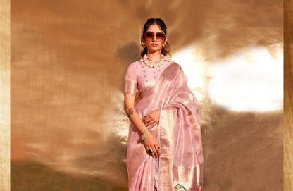 Pink Kora Tissue Paithani Zari Handwoven Saree