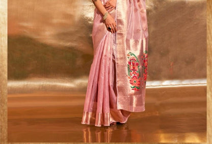 Pink Kora Tissue Paithani Zari Handwoven Saree