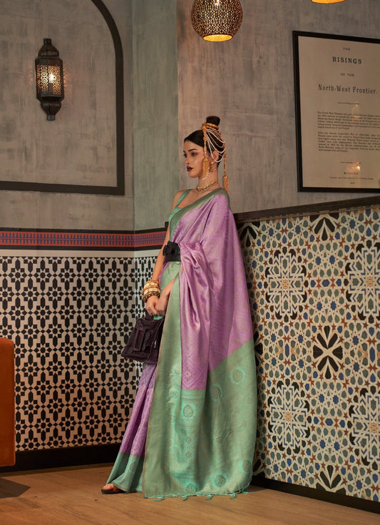 Purple & Green Zari Base Chaap Handloom Weaving Silk
