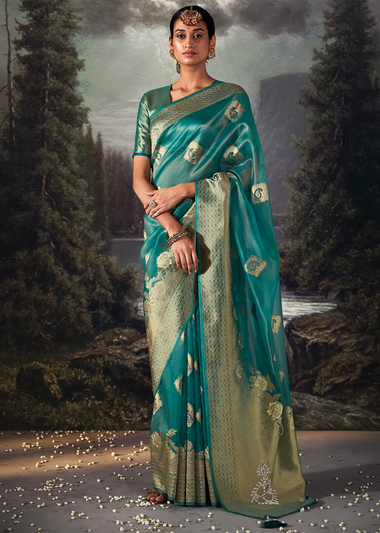 Teal Blue Pure Banarasi Silk Saree