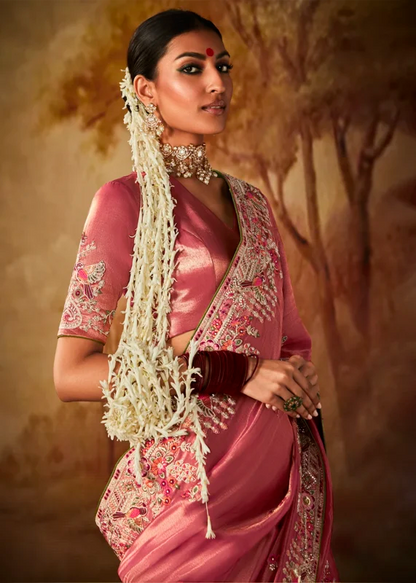 Watermelon Pink Pure Banarasi Kanjivaram Saree with Heavy Pallu Weaving
