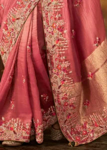 Watermelon Pink Pure Banarasi Kanjivaram Saree with Heavy Pallu Weaving