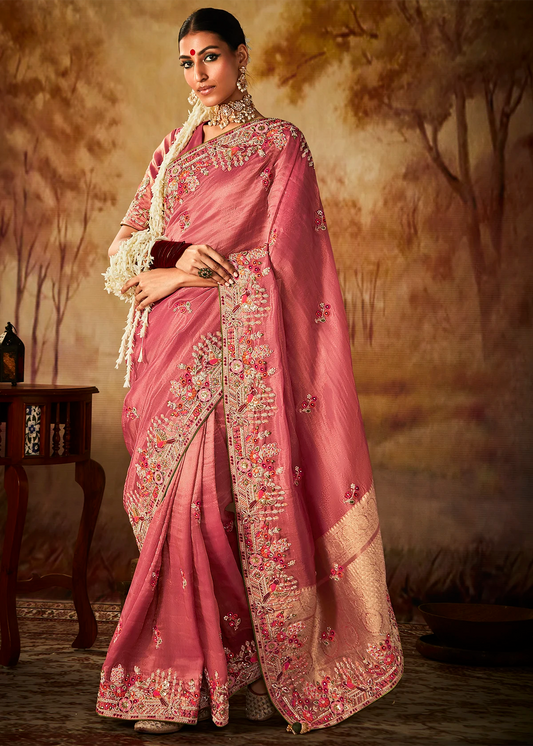 Watermelon Pink Pure Banarasi Kanjivaram Saree with Heavy Pallu Weaving