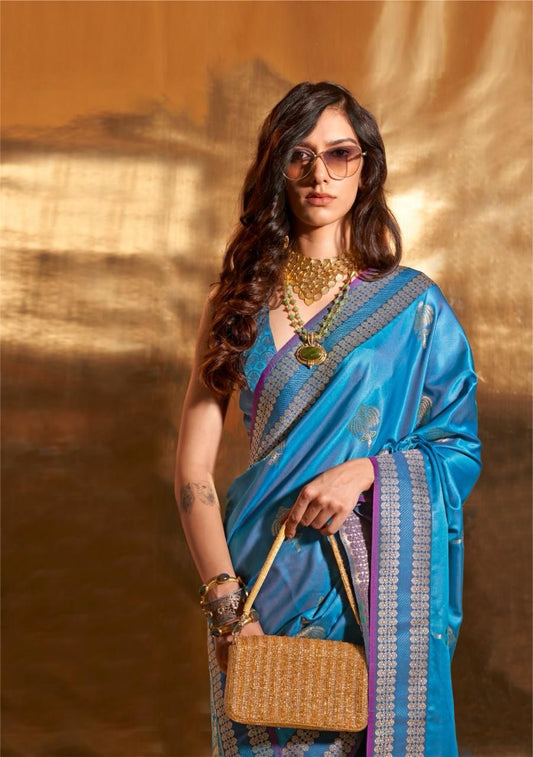 Blue Pure Satin Chaap Handloom Weaving Silk