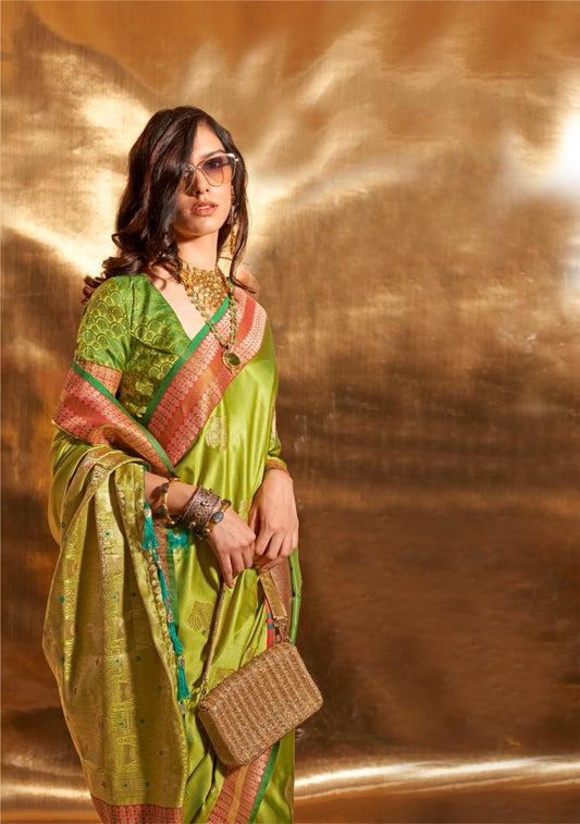 Mehndi Green Pure Satin Chaap Handloom Weaving Silk