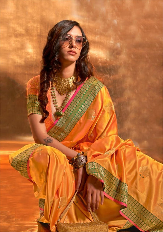 Mustard Yellow Pure Satin Chaap Handloom Weaving Silk