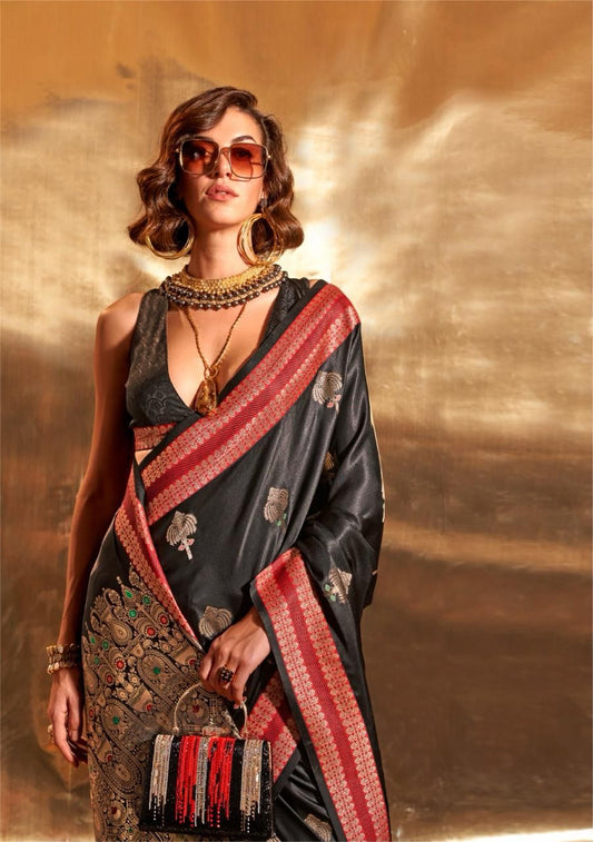 Black Pure Satin Chaap Handloom Weaving Silk