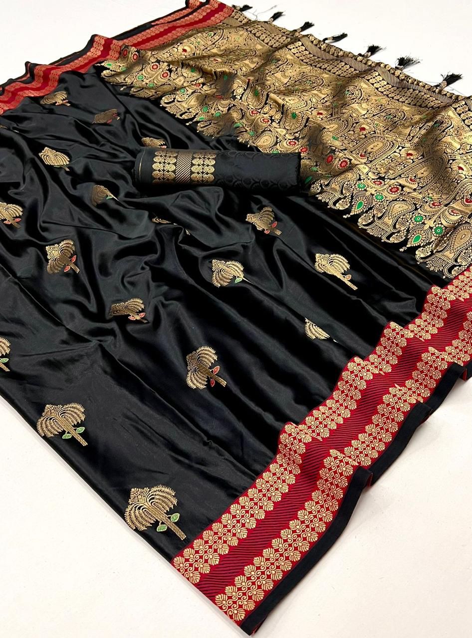 Black Pure Satin Chaap Handloom Weaving Silk