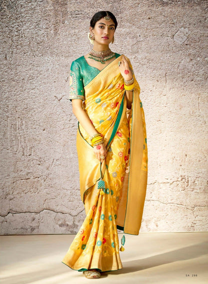 Bridal Yellow Kora Banarasi Saree With Delicate Floral Patterns