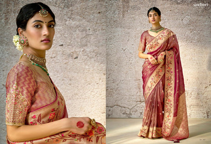 Rosewood Brown Kora Banarasi Saree With Delicate Floral Patterns