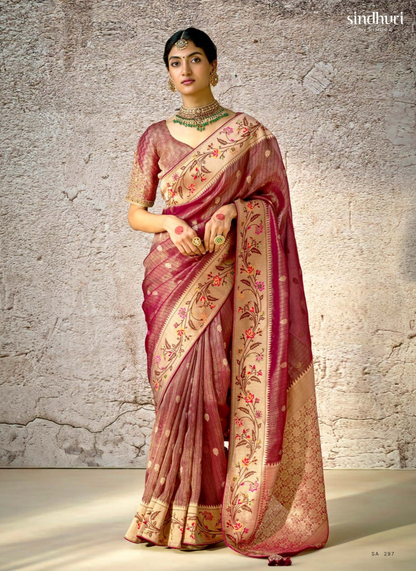 Rosewood Brown Kora Banarasi Saree With Delicate Floral Patterns