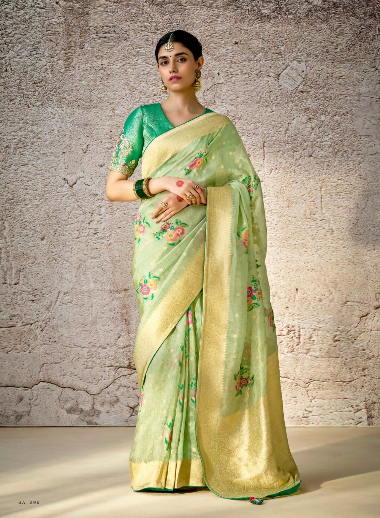 Pastel Green Kora Banarasi Saree With Delicate Floral Patterns