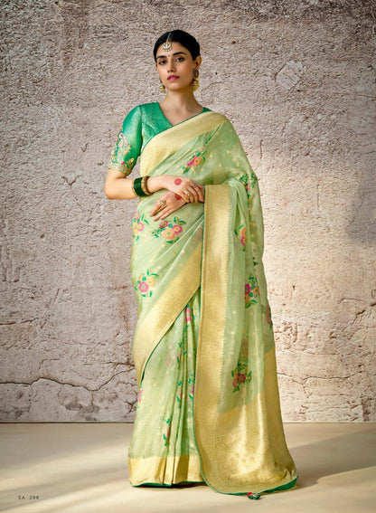 Pastel Green Kora Banarasi Saree With Delicate Floral Patterns