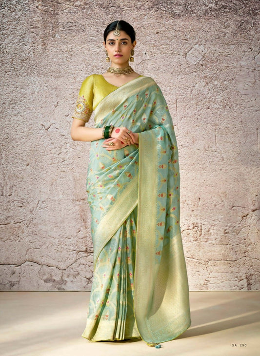 Pistachio Green Kora Banarasi Saree With Delicate Floral Patterns
