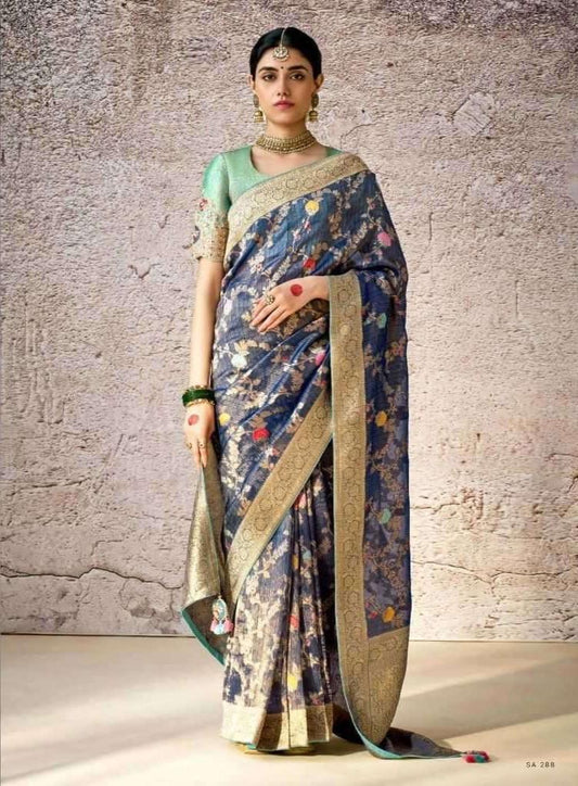 Blue Kora Banarasi Saree With Delicate Floral Patterns