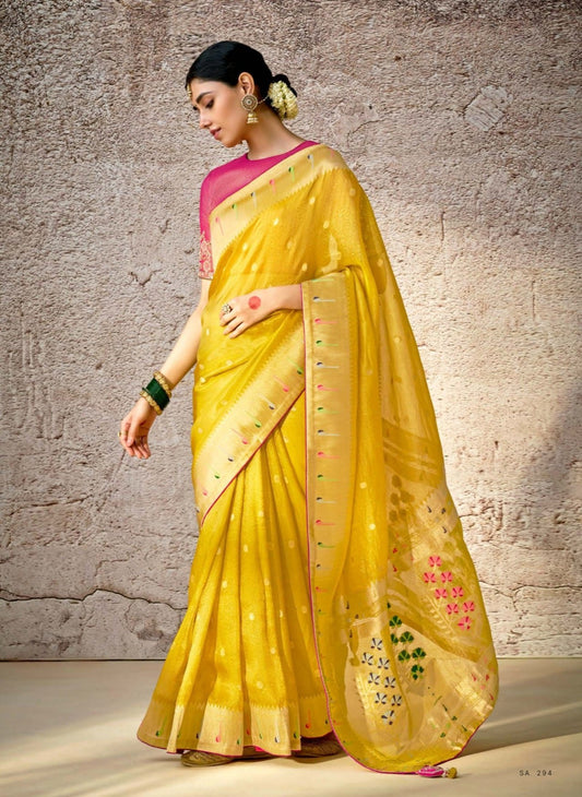 Mustard Yellow Kora Banarasi Saree With Delicate Floral Patterns