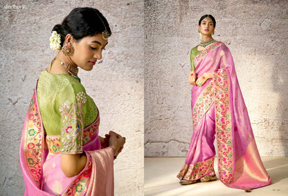 Lavender Pink Kora Banarasi Saree With Delicate Floral Patterns