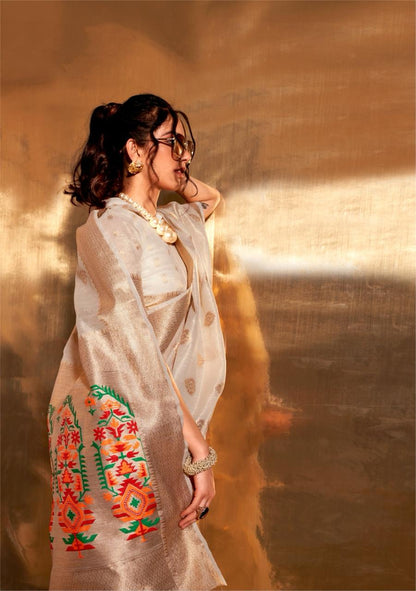 White Kora Tissue Paithani Zari Handwoven Saree