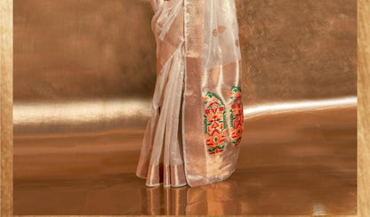 White Kora Tissue Paithani Zari Handwoven Saree