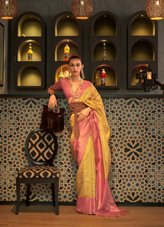 Yellow & Peach Zari Base Chaap Handloom Weaving Silk