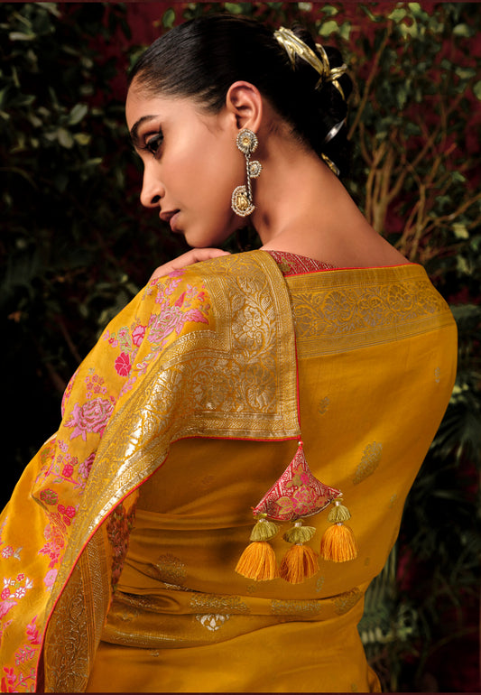 Yellow Pure Viscose Dola Silk Saree