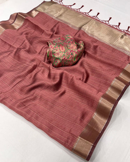 Rustic Peach Handwoven Moss Chiffon Saree with Heavy Jacquard Blouse
