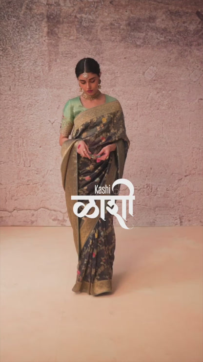 Rosewood Brown Kora Banarasi Saree With Delicate Floral Patterns